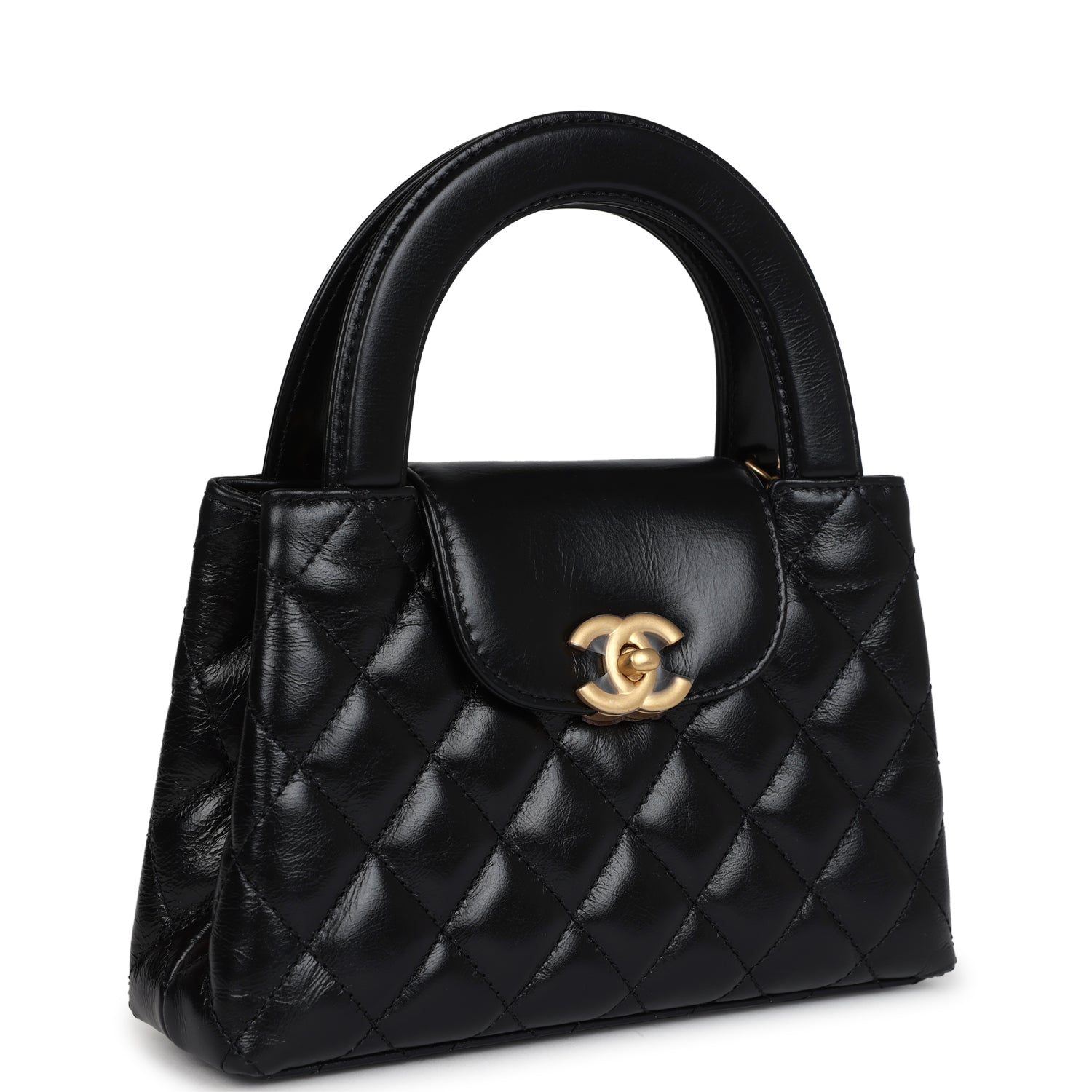 Chanel Small Kelly Shopper Black Shiny Aged Calfskin Brushed Gold Hardware Handbag