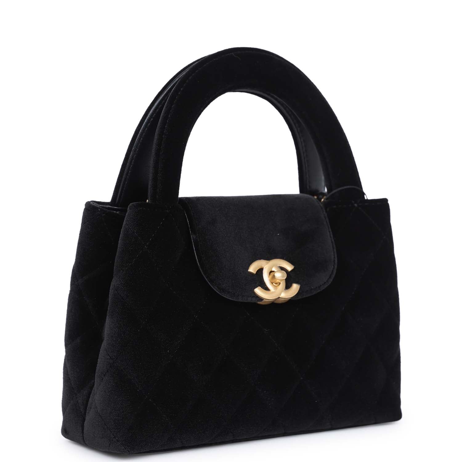 Chanel Small Kelly Shopper Black Velvet Brushed Gold Hardware Handbag