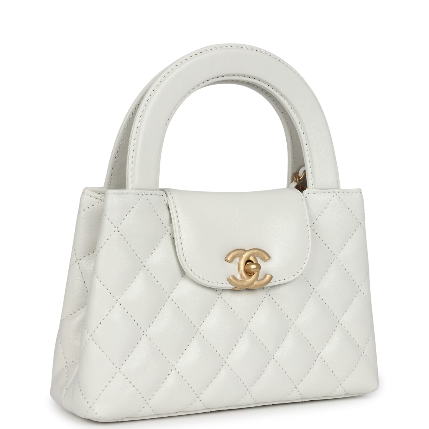 Chanel Small Kelly Shopper White Shiny Aged Calfskin Brushed Gold Hardware Handbag