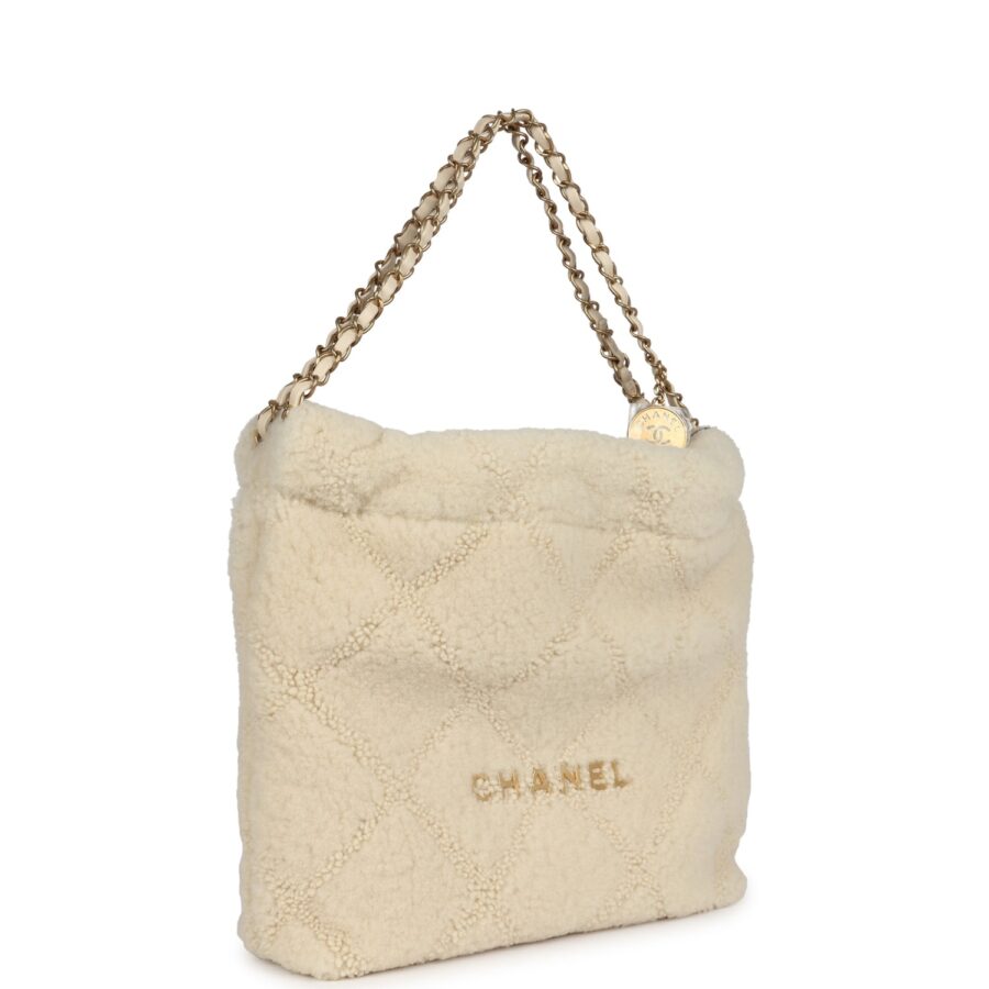 Chanel Small 22 Bag Ecru Shearling Brushed Gold Hardware | Studio Nafay