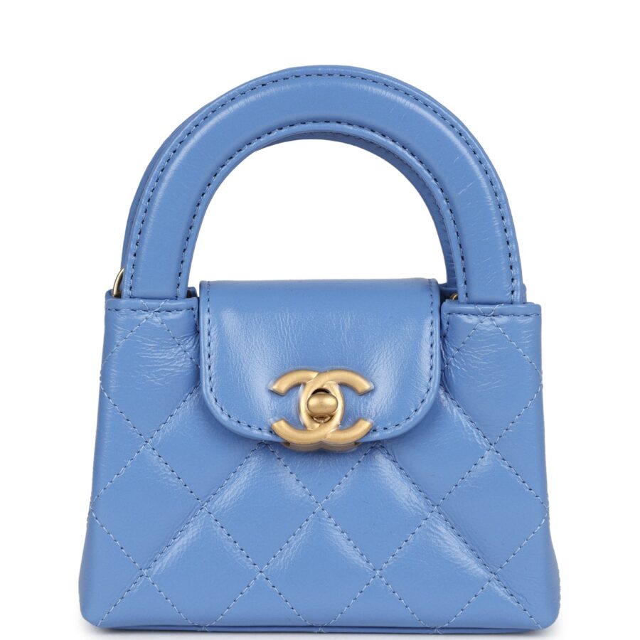 Chanel Nano Kelly Shopper Blue Shiny Aged Calfskin Brushed Gold Hardware Crossbody | Studio Nafay