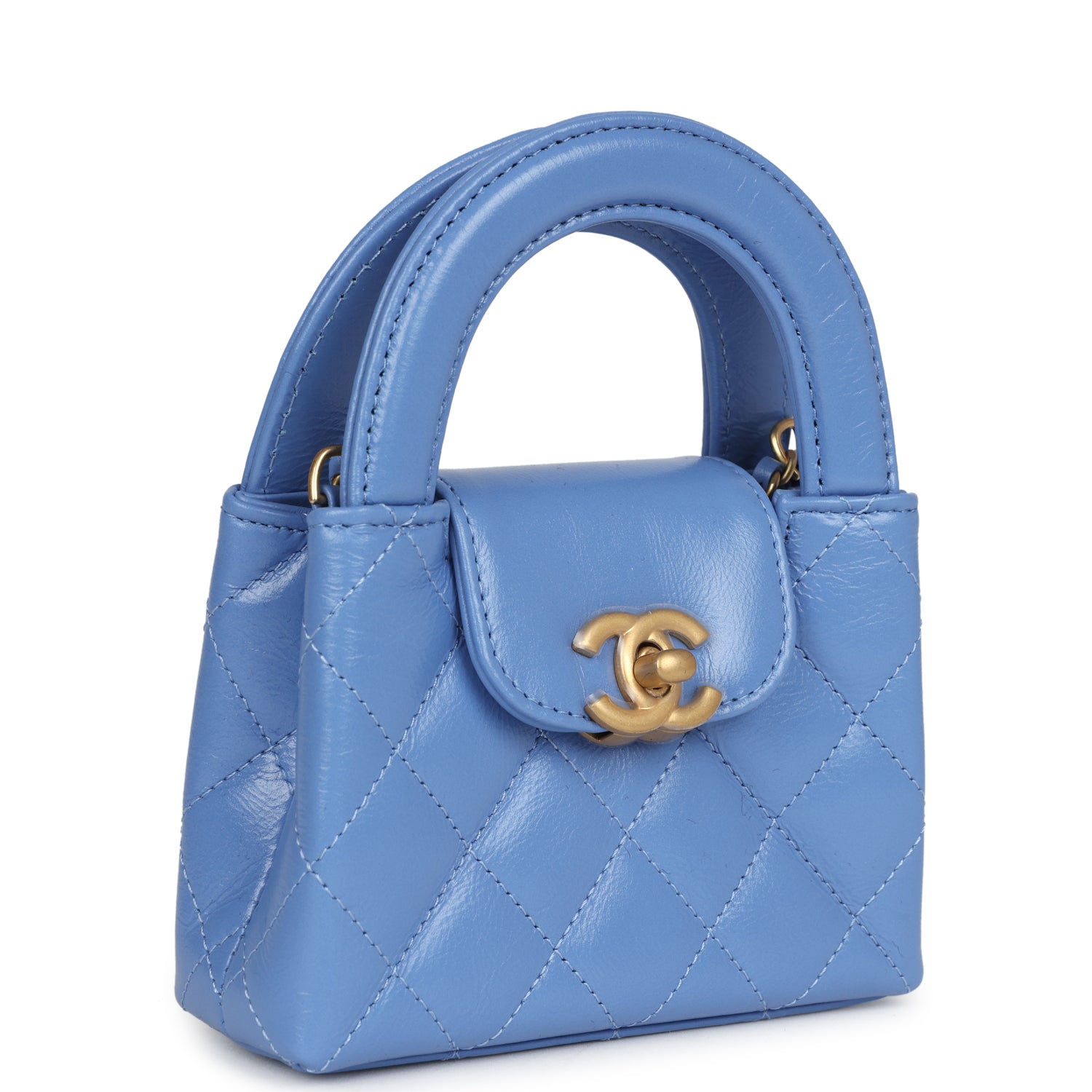 Chanel Nano Kelly Shopper Blue Shiny Aged Calfskin Brushed Gold Hardware Crossbody