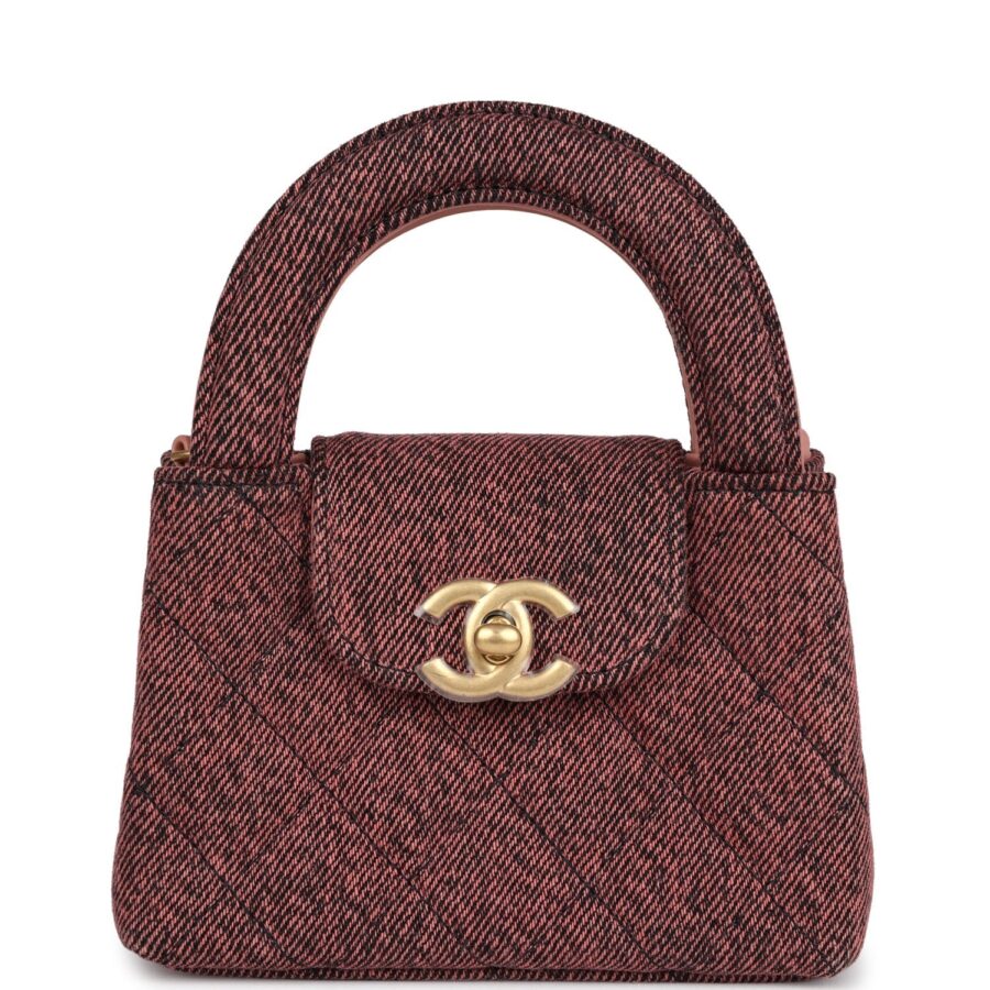 Chanel Nano Kelly Shopper Pink and Black Washed Brushed Gold Hardware Crossbody | Studio Nafay