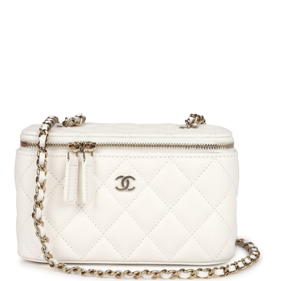 Chanel Small Vanity Case White Caviar Light Gold Hardware Handbag | Studio Nafay