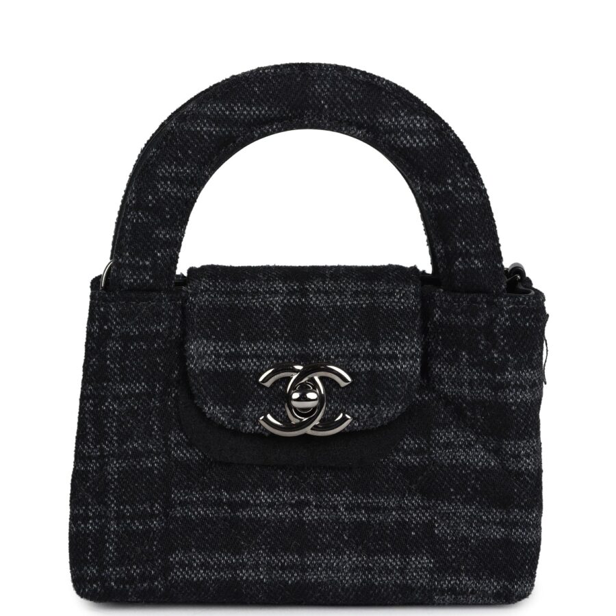 Chanel Nano Kelly Shopper Black and Grey Printed Ruthenium Hardware Crossbody | Studio Nafay