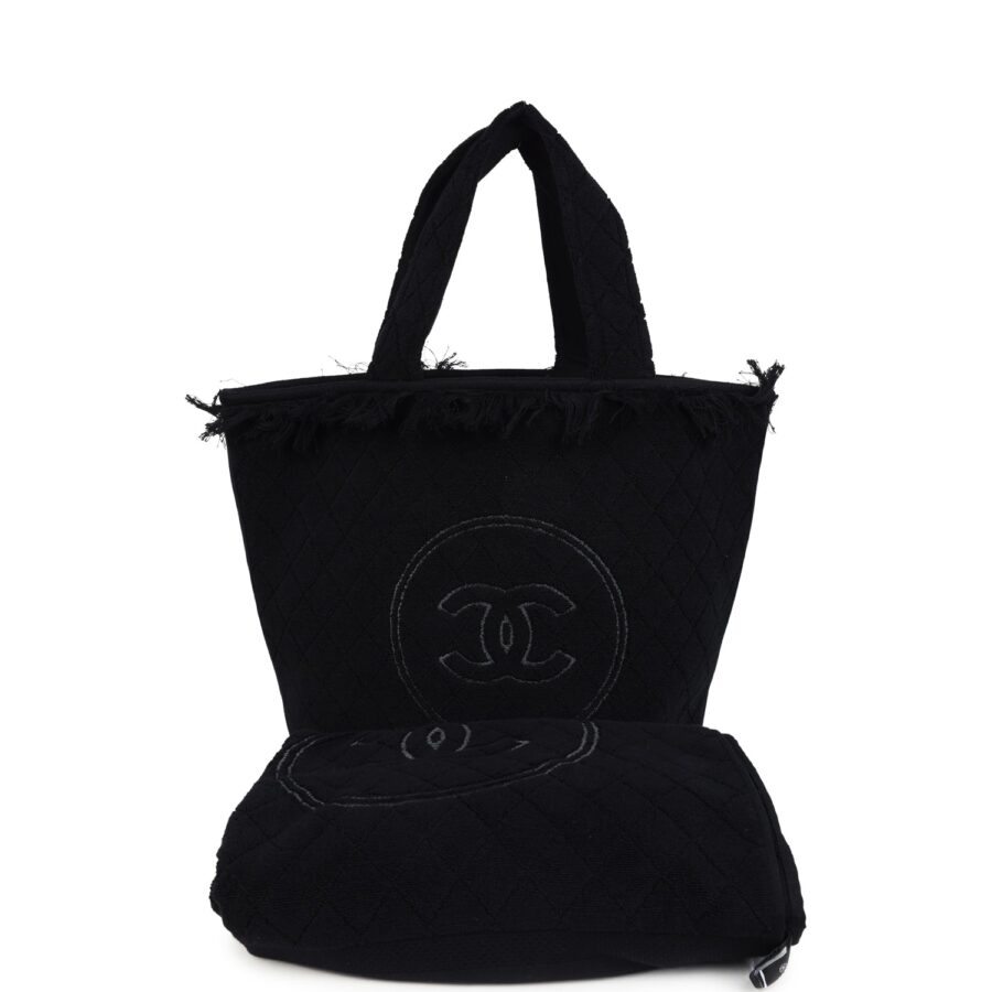 Chanel Coco Beach Tote Bag & Towel Set Black Terry Cloth | Studio Nafay