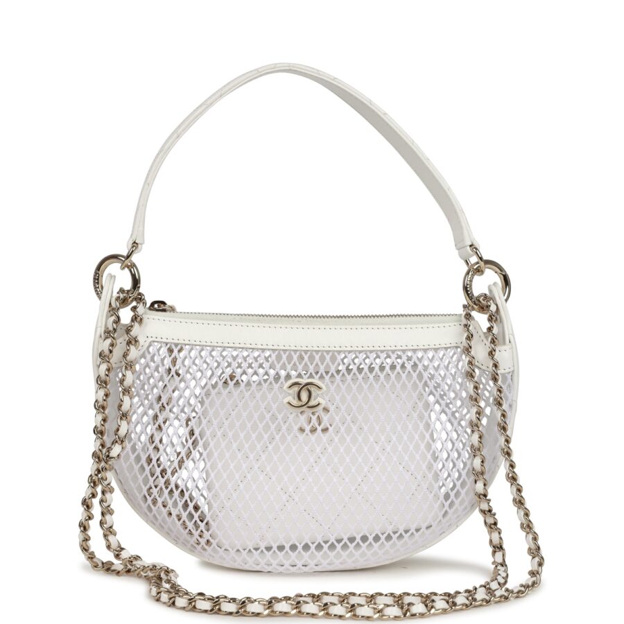 Chanel Round Clutch with Chain White Mesh Light Gold Hardware | Studio Nafay