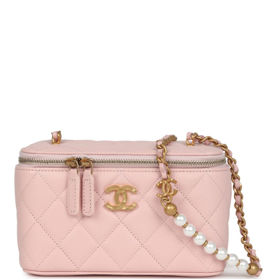 Chanel Small CC Vanity Case Light Pink Caviar Faux Pearls Brushed Gold Hardware Handbag | Studio Nafay