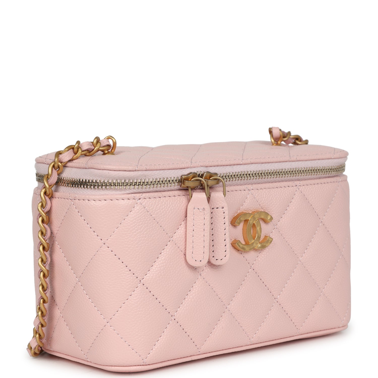 Chanel Small CC Vanity Case Light Pink Caviar Faux Pearls Brushed Gold Hardware Handbag