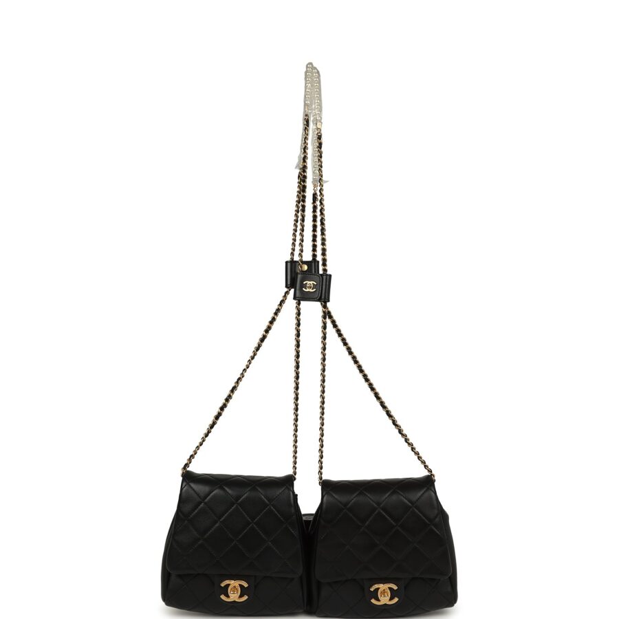 Chanel Twins Side Pack Black Lambskin Faux Pearls & Brushed Gold Hardware Handbag | Studio Nafay