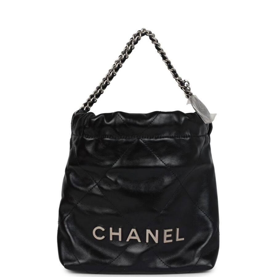 Chanel Mini 22 Bag Black Shiny Calfskin Brushed Silver Hardware | Studio Nafay
