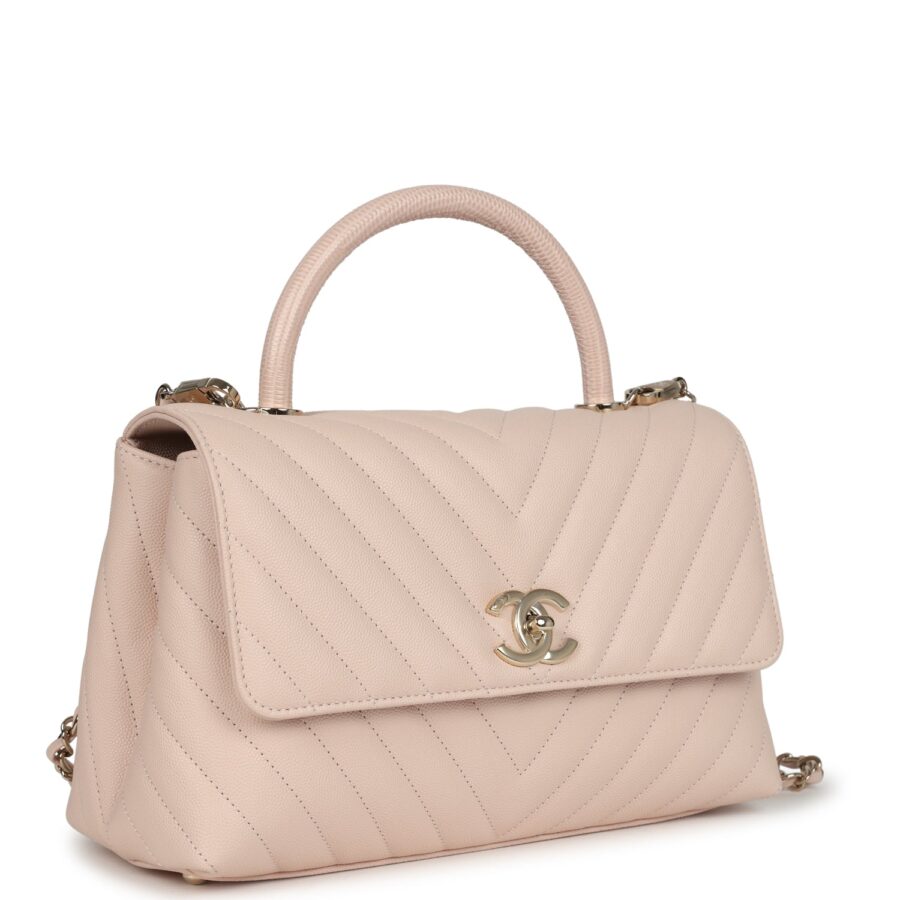 Chanel Medium Coco Top Handle Flap Bag Light Beige Chevron Caviar Light Gold Hardware Coco Handle | Studio Nafay