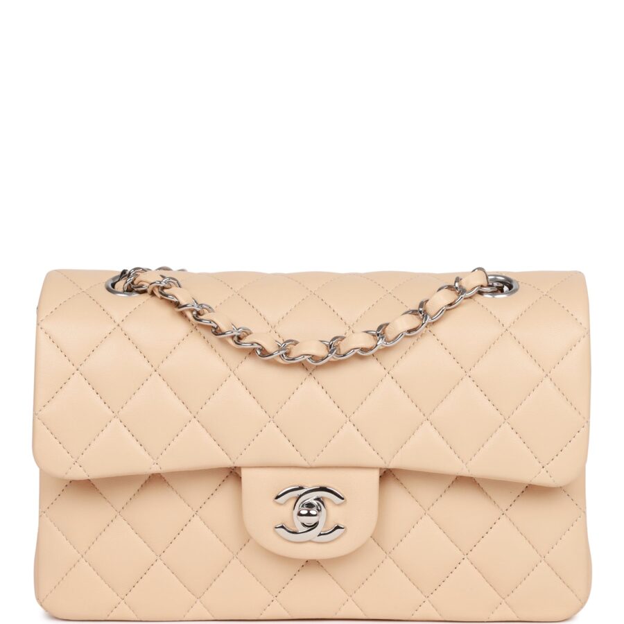 Chanel Small Classic Double Flap Beige Clair Lambskin Silver Hardware Shoulder Bag | Studio Nafay