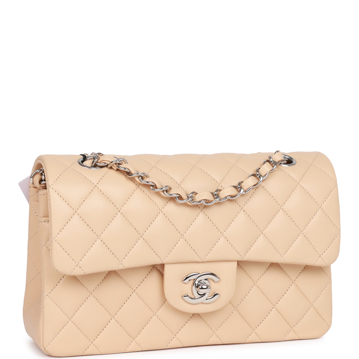 Chanel Small Classic Double Flap Beige Clair Lambskin Silver Hardware Shoulder Bag