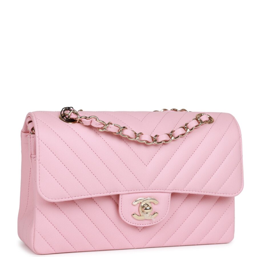 Chanel Small Chevron Classic Double Flap Pink Calfskin Light Gold Hardware | Studio Nafay