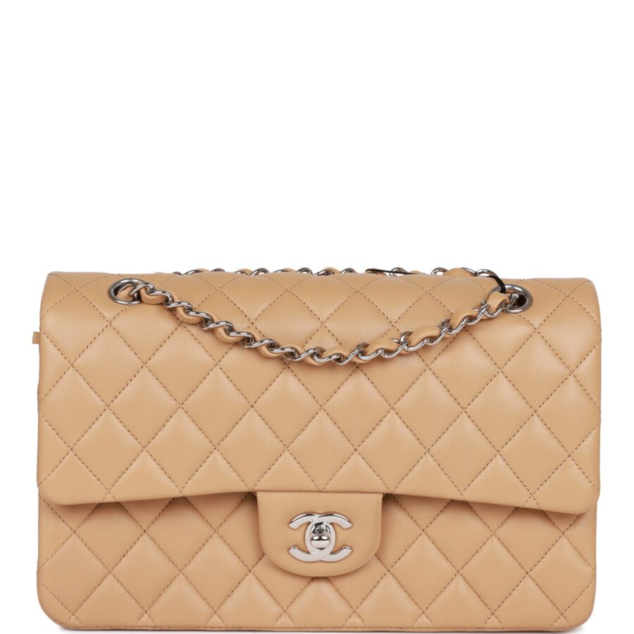 Chanel Medium Classic Double Flap Bag Beige Lambskin Silver Hardware | Studio Nafay