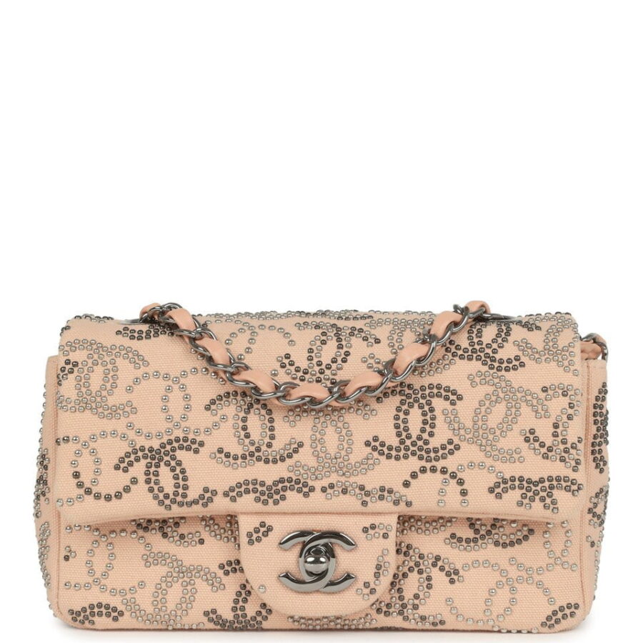 Chanel Mini CC Studded Rectangular Flap Bag Light Pink Canvas Ruthenium Hardware | Studio Nafay