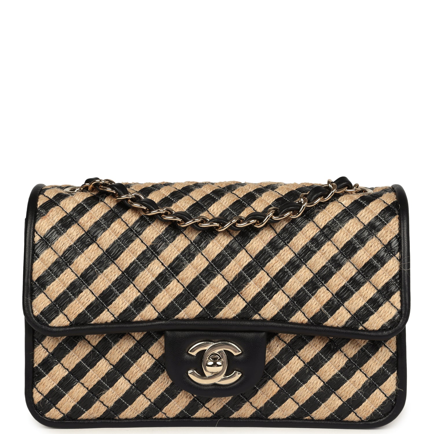 Chanel Small Urban Jungle Flap Beige and Black Stripe Raffia Jute Gold Hardware Shoulder Bag