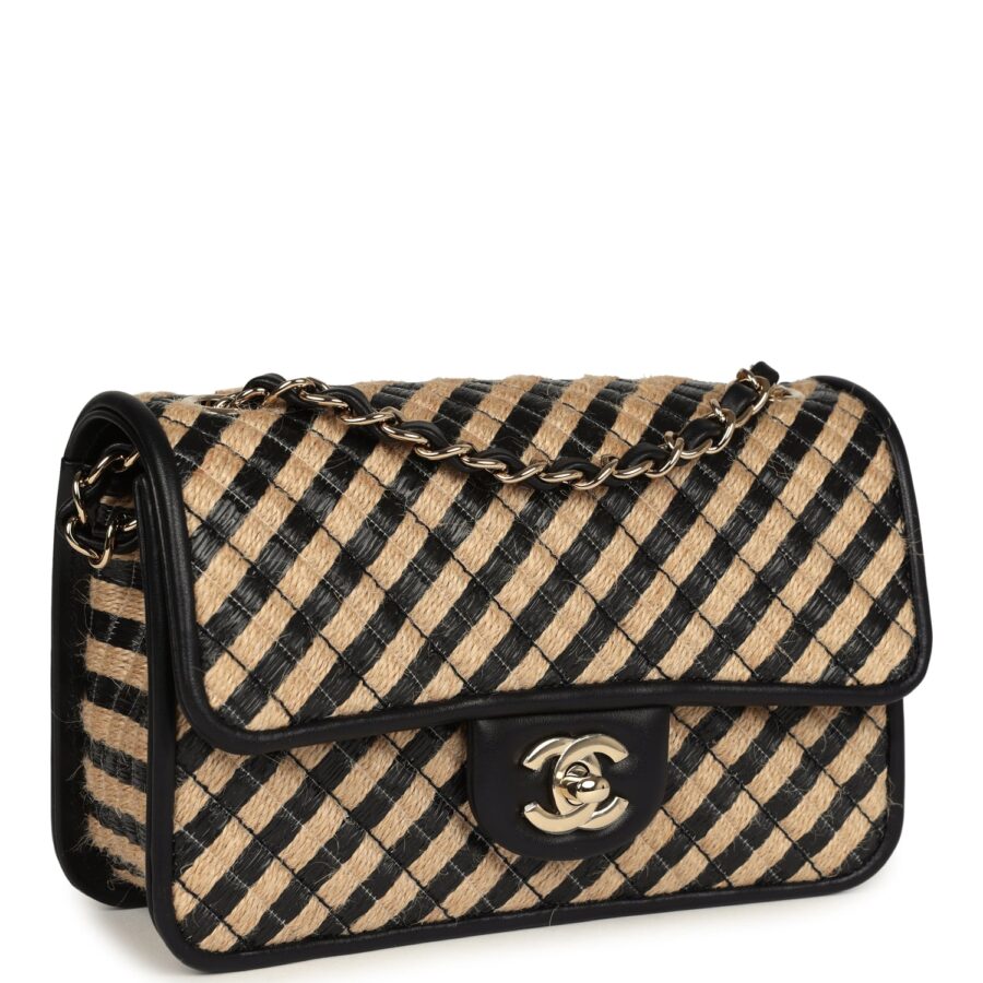 Chanel Small Urban Jungle Flap Beige and Black Stripe Raffia Jute Gold Hardware Shoulder Bag | Studio Nafay