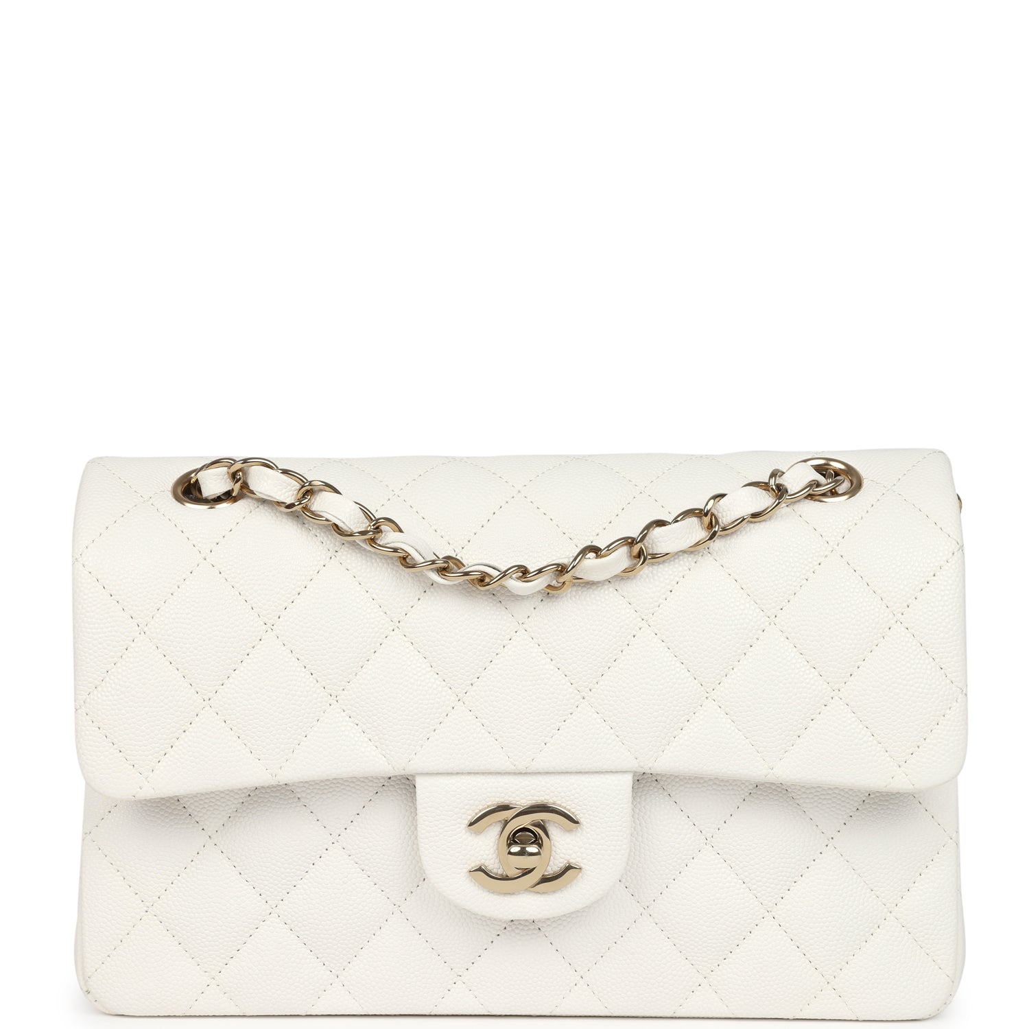 Chanel Small Classic Double Flap White Caviar Light Gold Hardware Shoulder Bag