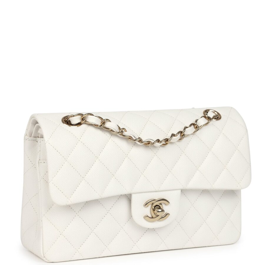 Chanel Small Classic Double Flap White Caviar Light Gold Hardware Shoulder Bag | Studio Nafay