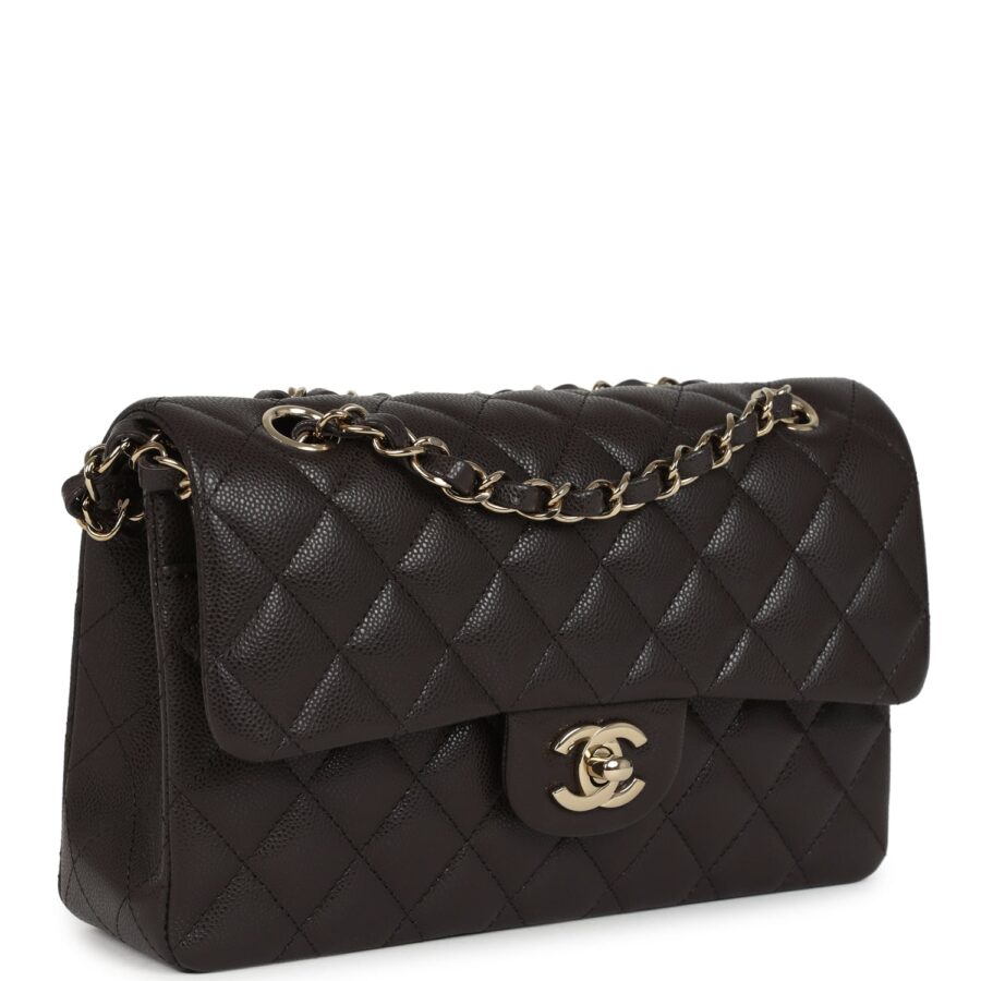 Chanel Small Classic Double Flap Bag Brown Shiny Caviar Light Gold Hardware | Studio Nafay