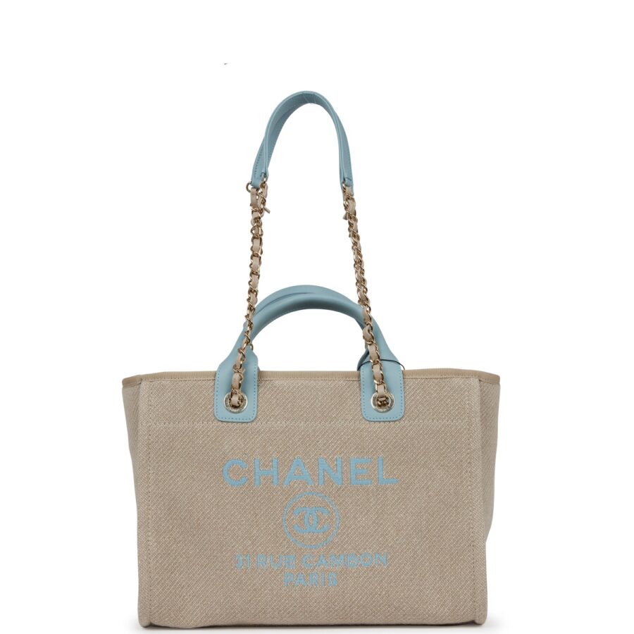 Chanel Small Deauville Shopping Tote Blue and Beige Boucle Light Gold Hardware | Studio Nafay