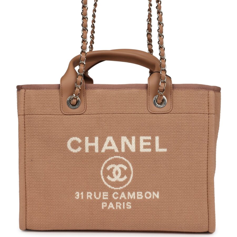 Chanel Small Deauville Shopping Tote Dark Beige Canvas Light Gold Hardware | Studio Nafay