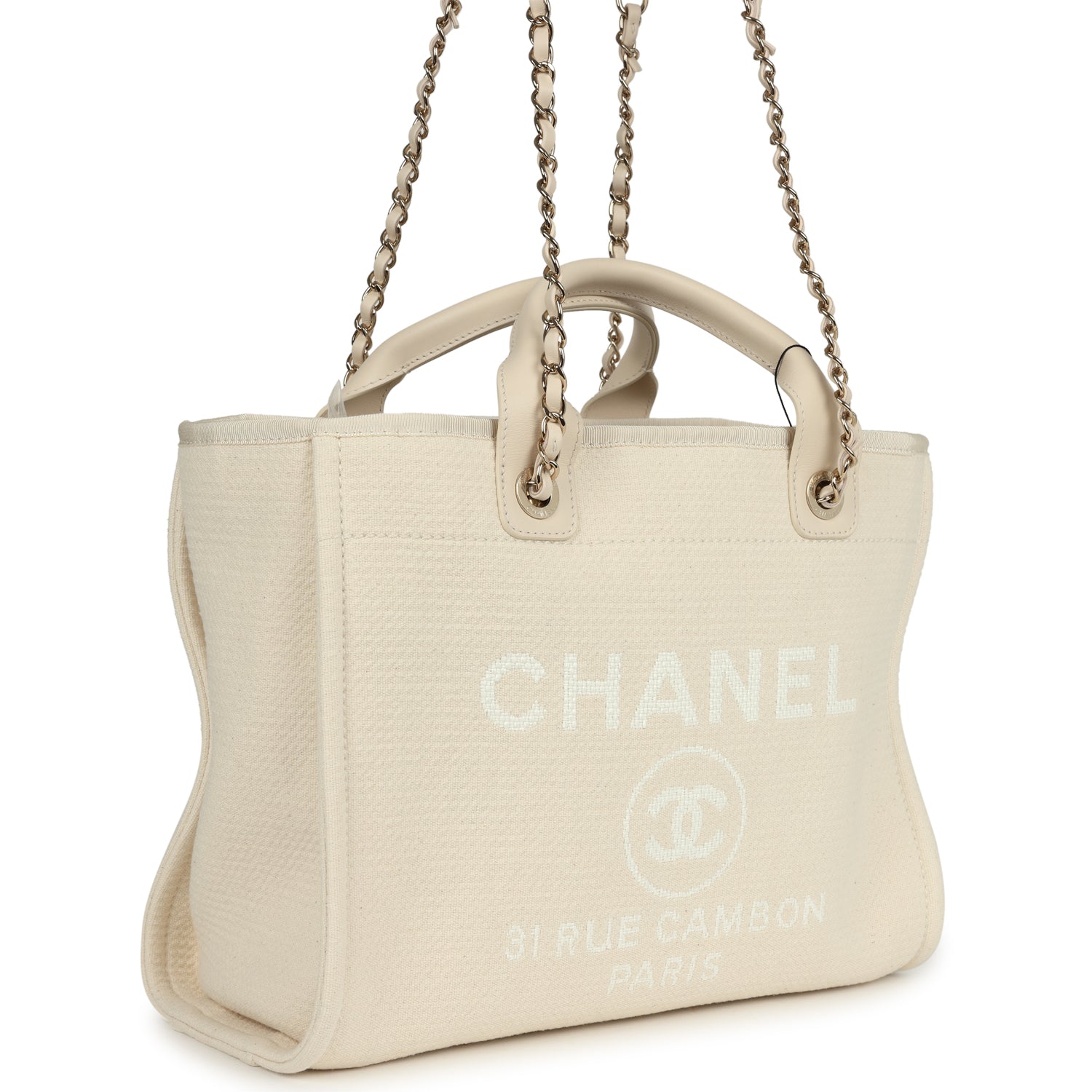 Chanel Small Deauville Shopping Tote Ivory Canvas Light Gold Hardware Book Tote
