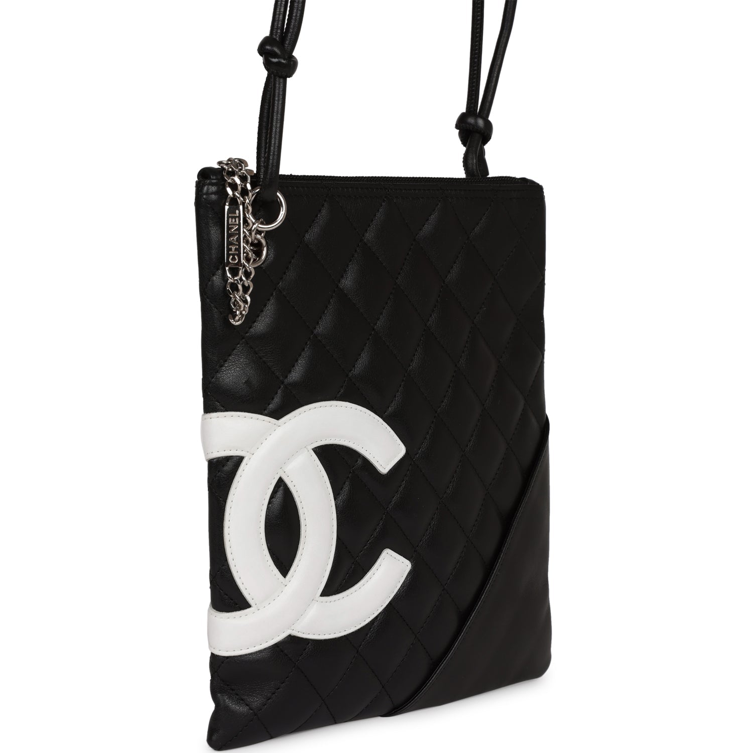 Chanel Cambon Flat Messenger Black and White Lambskin Silver Hardware Handbag
