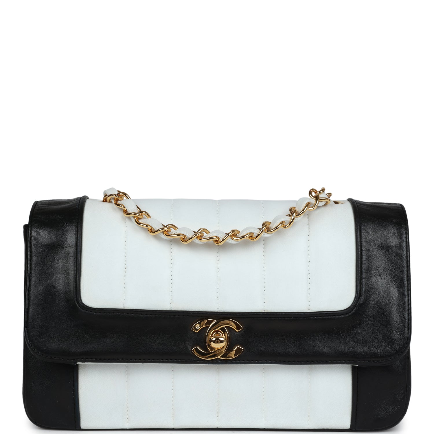 Chanel Small Mademoiselle Flap White and Navy Lambskin Gold Hardware Crossbody