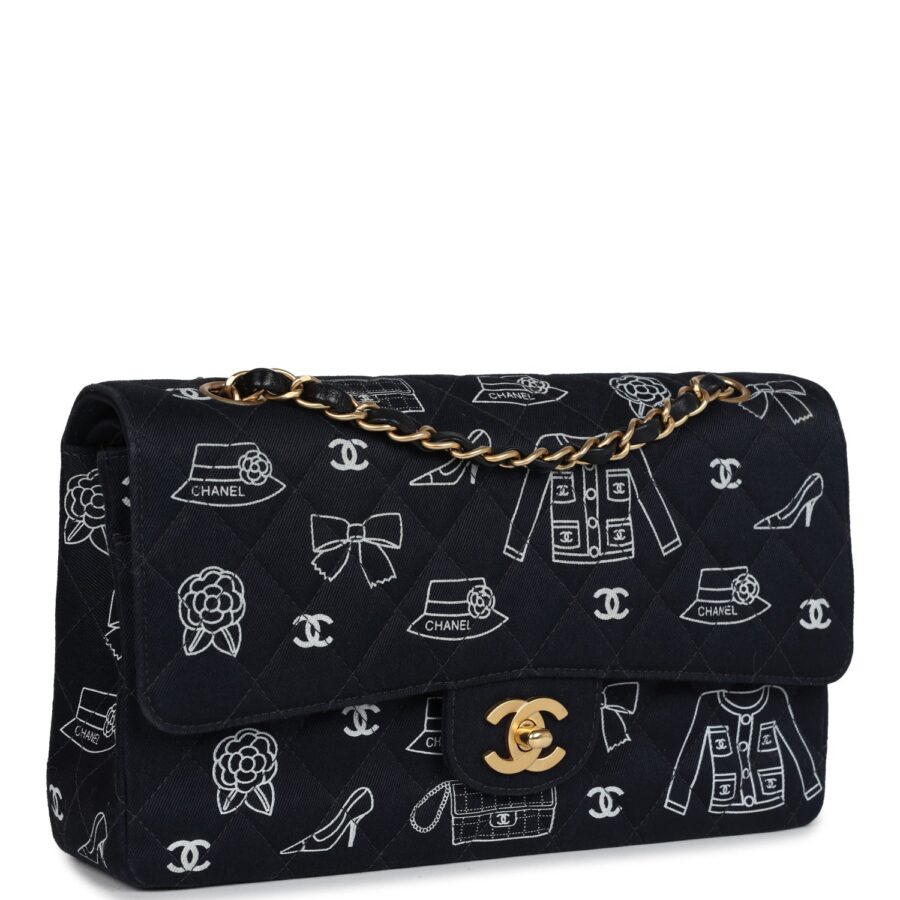 Chanel Medium Icon Print Double Flap Bag Navy Canvas Brushed Gold Hardware Classic Flap | Studio Nafay