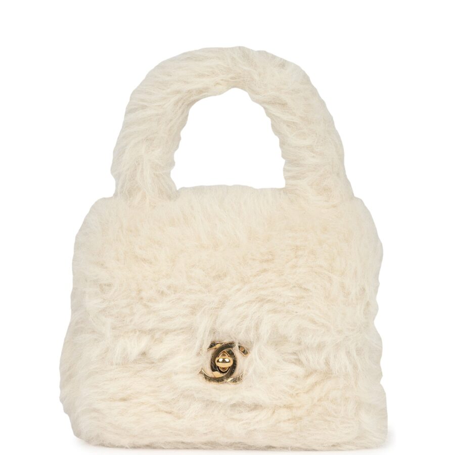 Chanel Micro Kelly Child White Rabbit Fur Gold Hardware Handbag | Studio Nafay