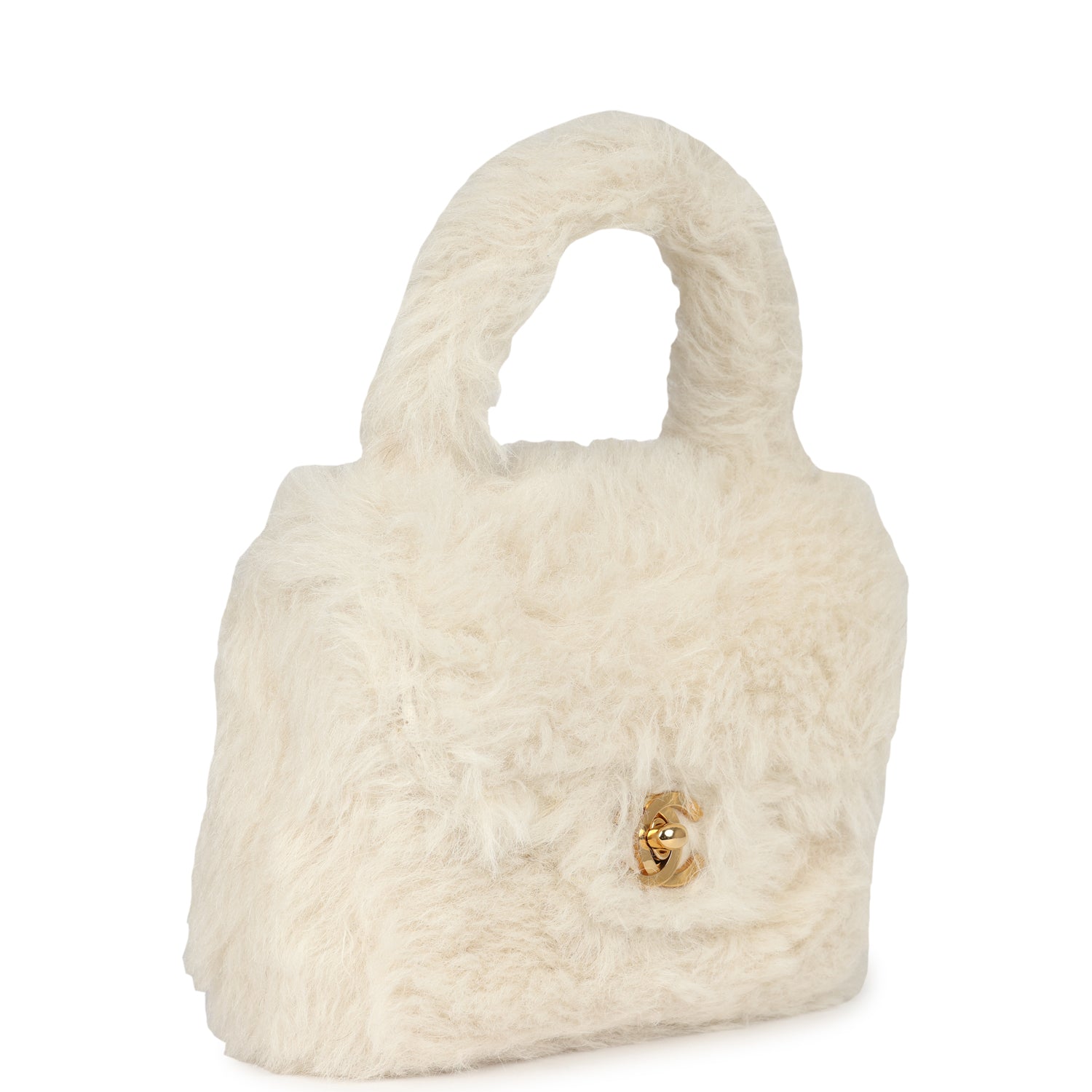 Chanel Micro Kelly Child White Rabbit Fur Gold Hardware Handbag