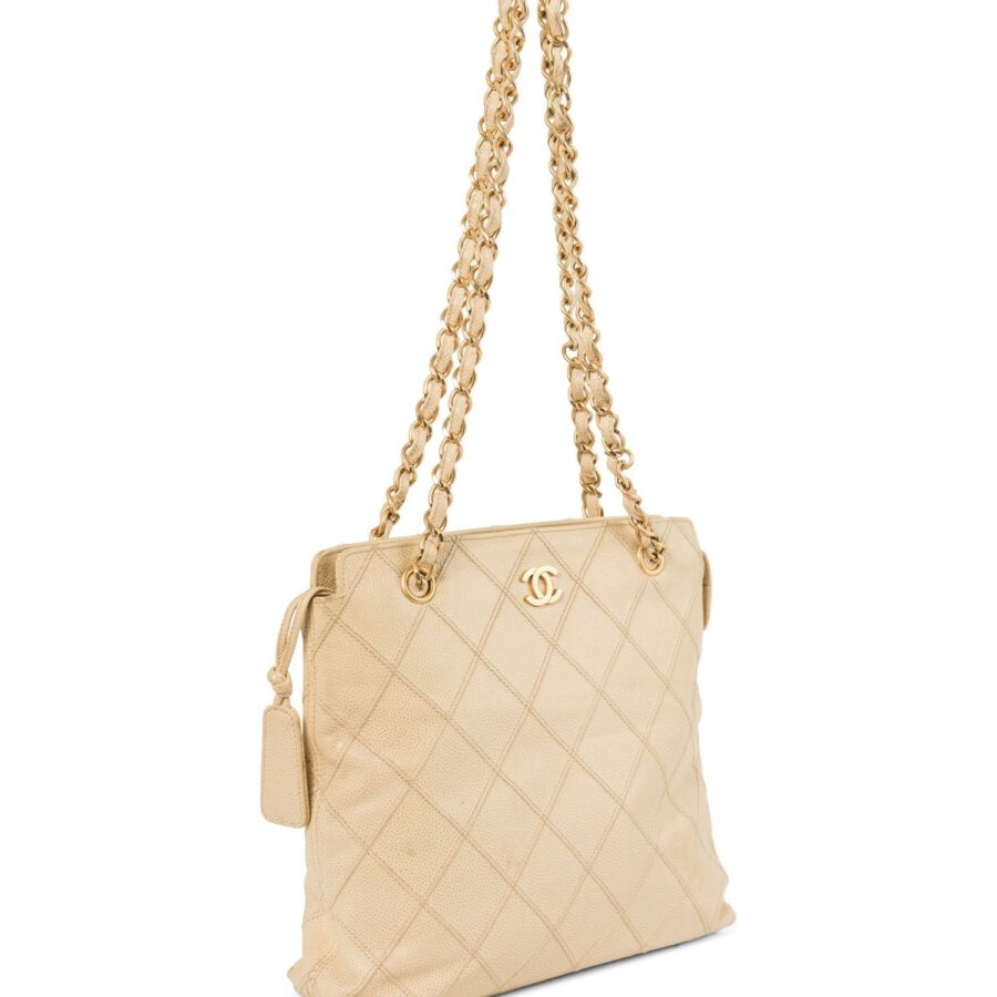 Chanel CC Logo Caviar Leather Quilted Shopper Bag Ivory Gold | Studio Nafay