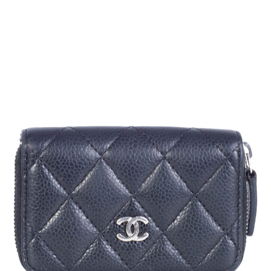 Chanel CC Logo Caviar Leather Zippered Credit Card Wallet Black Silver | Studio Nafay