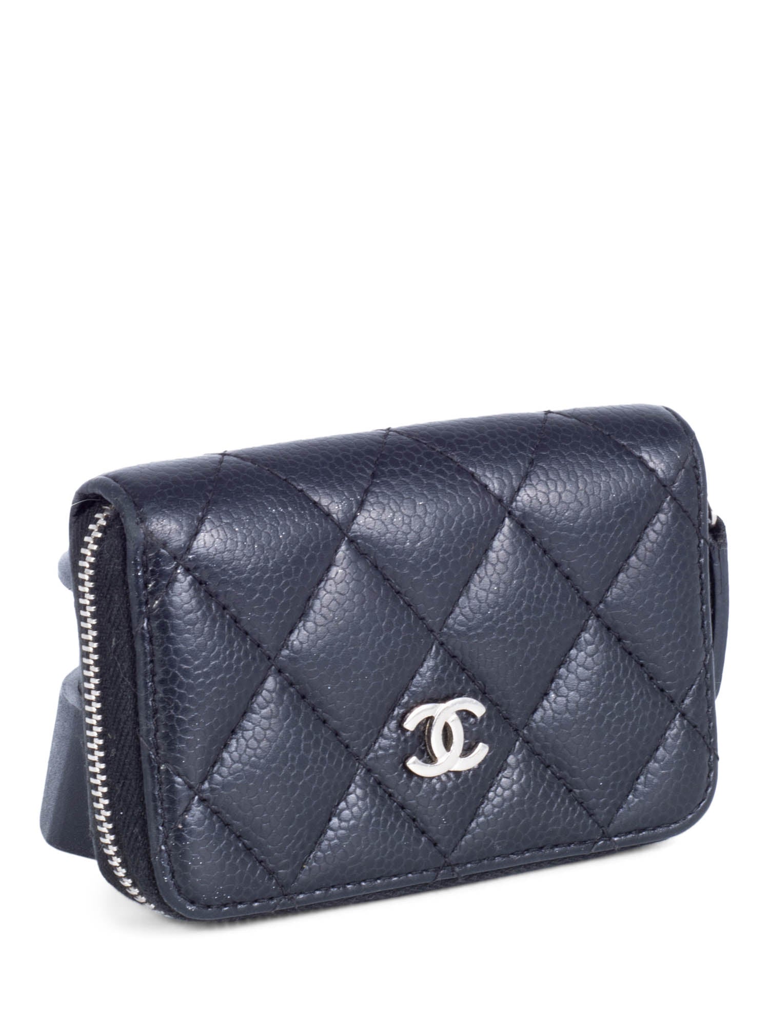 Chanel CC Logo Caviar Leather Zippered Credit Card Wallet Black Silver