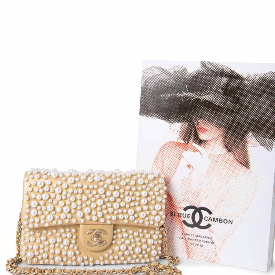 Chanel CC Logo Pearl Mini Flap Messenger Bag Gold | Studio Nafay
