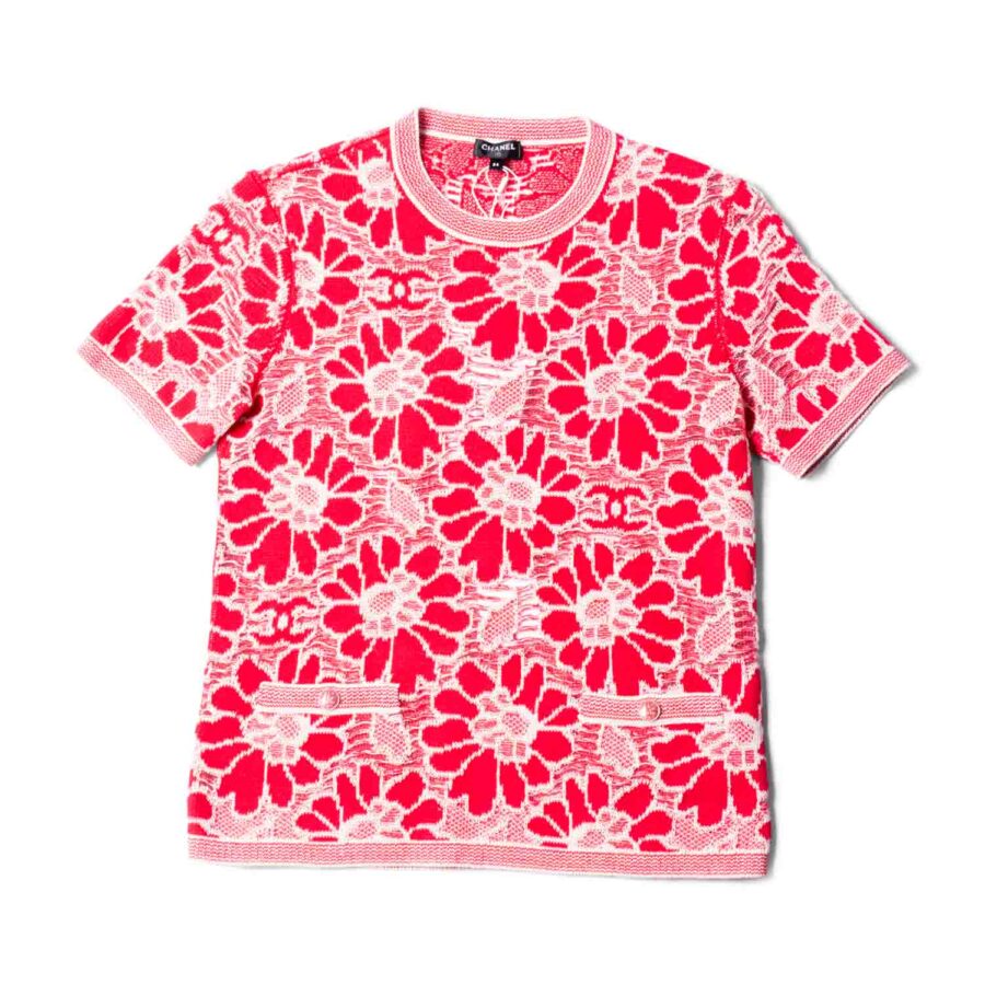 Chanel CC Logo Wool Cotton Floral Eyelet Embroidered Top Pink White | Studio Nafay
