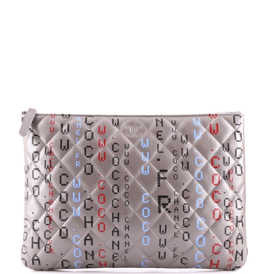 CHANEL METALLIC SILVER QUILTED LAMBSKIN PRINTED DATA CENTER O CLUTCH-HS | Studio Nafay