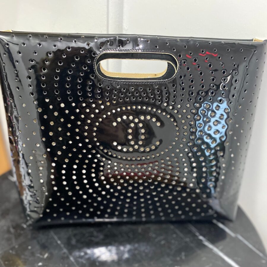 CHANEL CC PERFORATED PATENT CLUTCH BAG | Studio Nafay