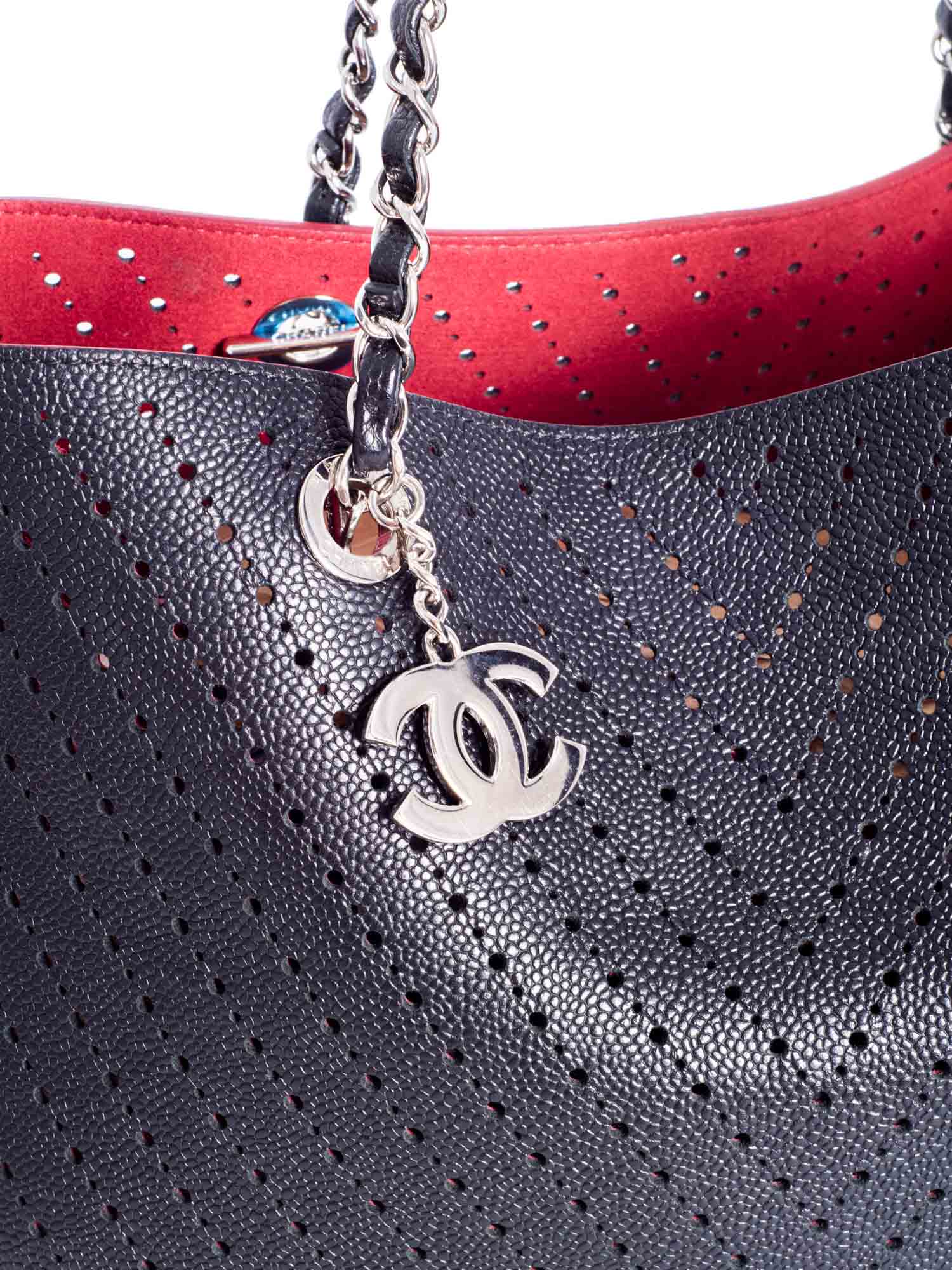 Chanel Perforated Caviar Leather CC Logo Shopper with Clutch Black Burgundy