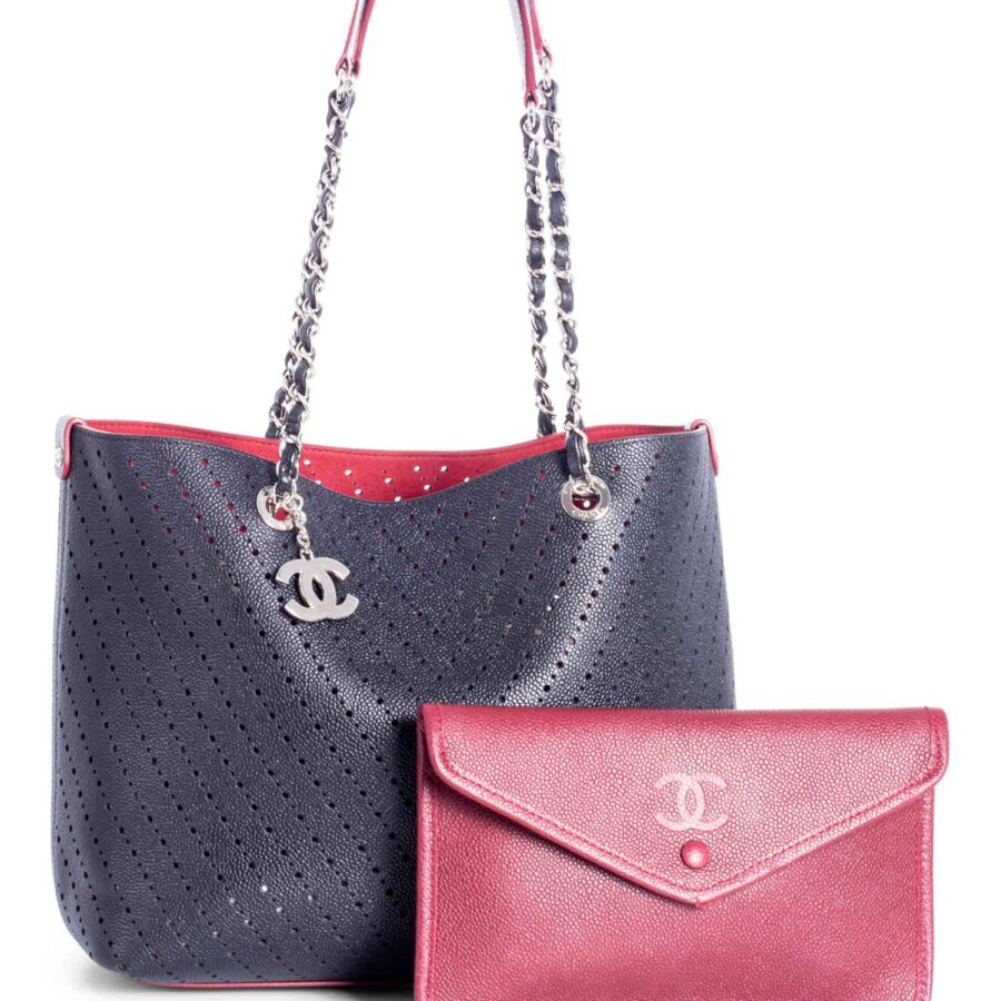 Chanel Perforated Caviar Leather CC Logo Shopper with Clutch Black Burgundy | Studio Nafay