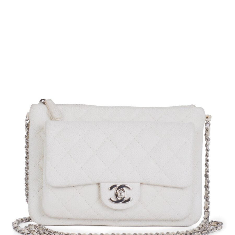 Chanel Quilted Caviar Leather CC Logo Flap Messenger Bag White Silver | Studio Nafay