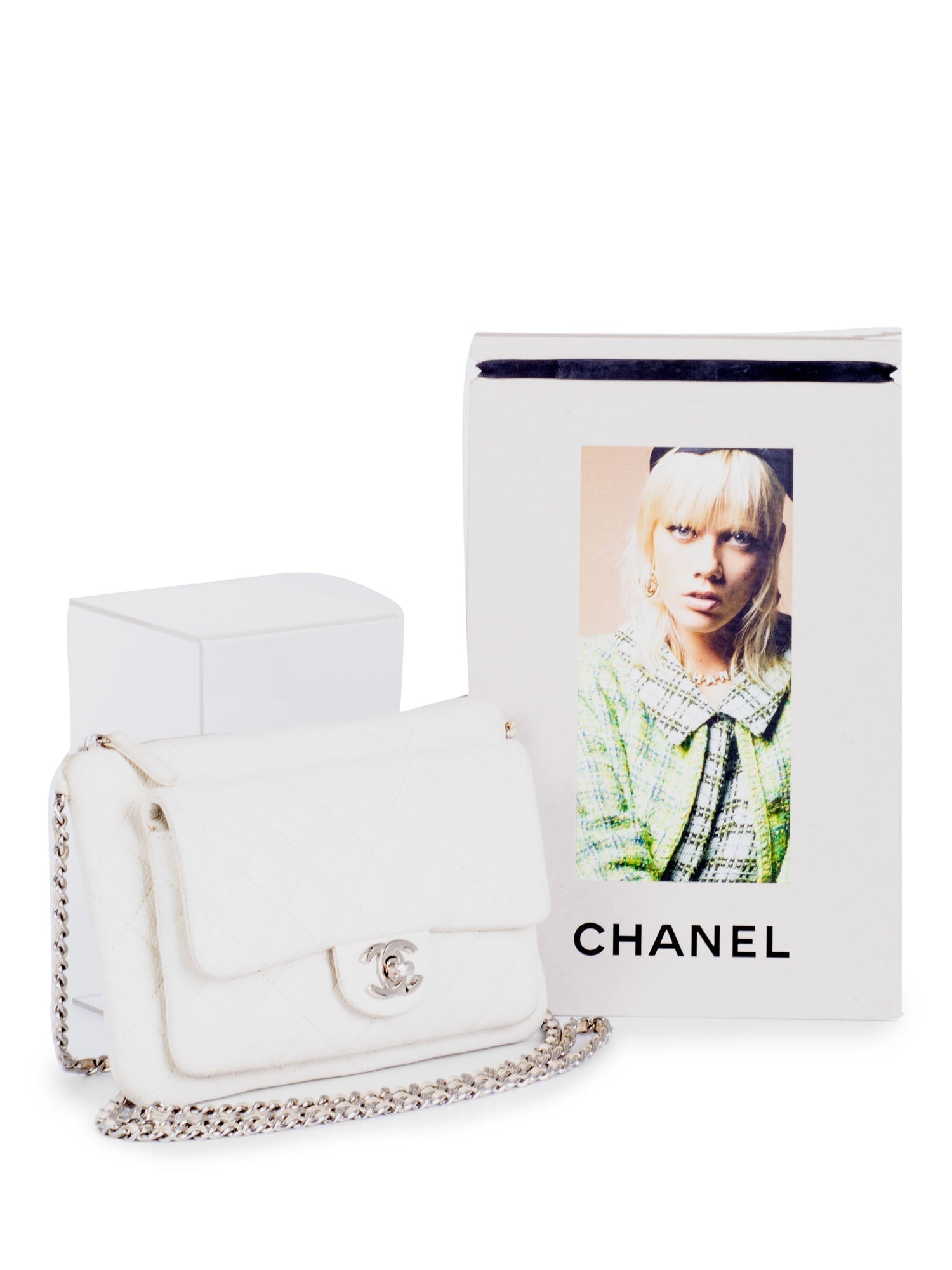 Chanel Quilted Caviar Leather CC Logo Flap Messenger Bag White Silver