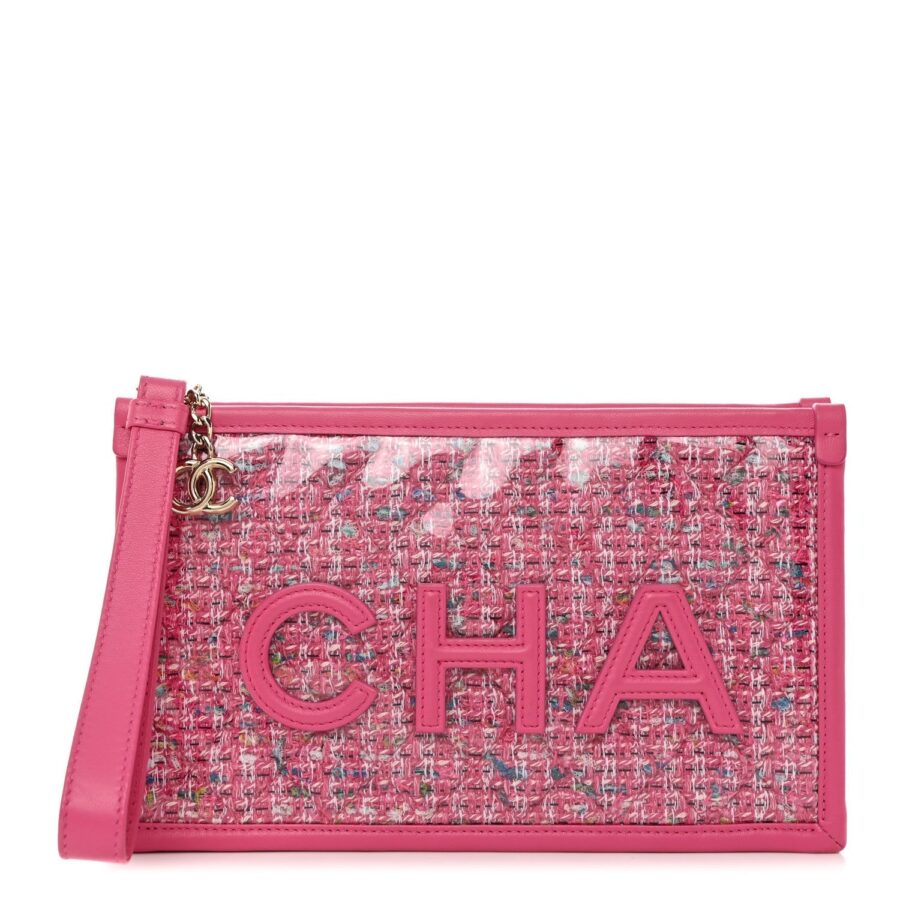 CHANEL TWEED PVC LAMBSKIN LEATHER WRISTLET CLUTCH | Studio Nafay