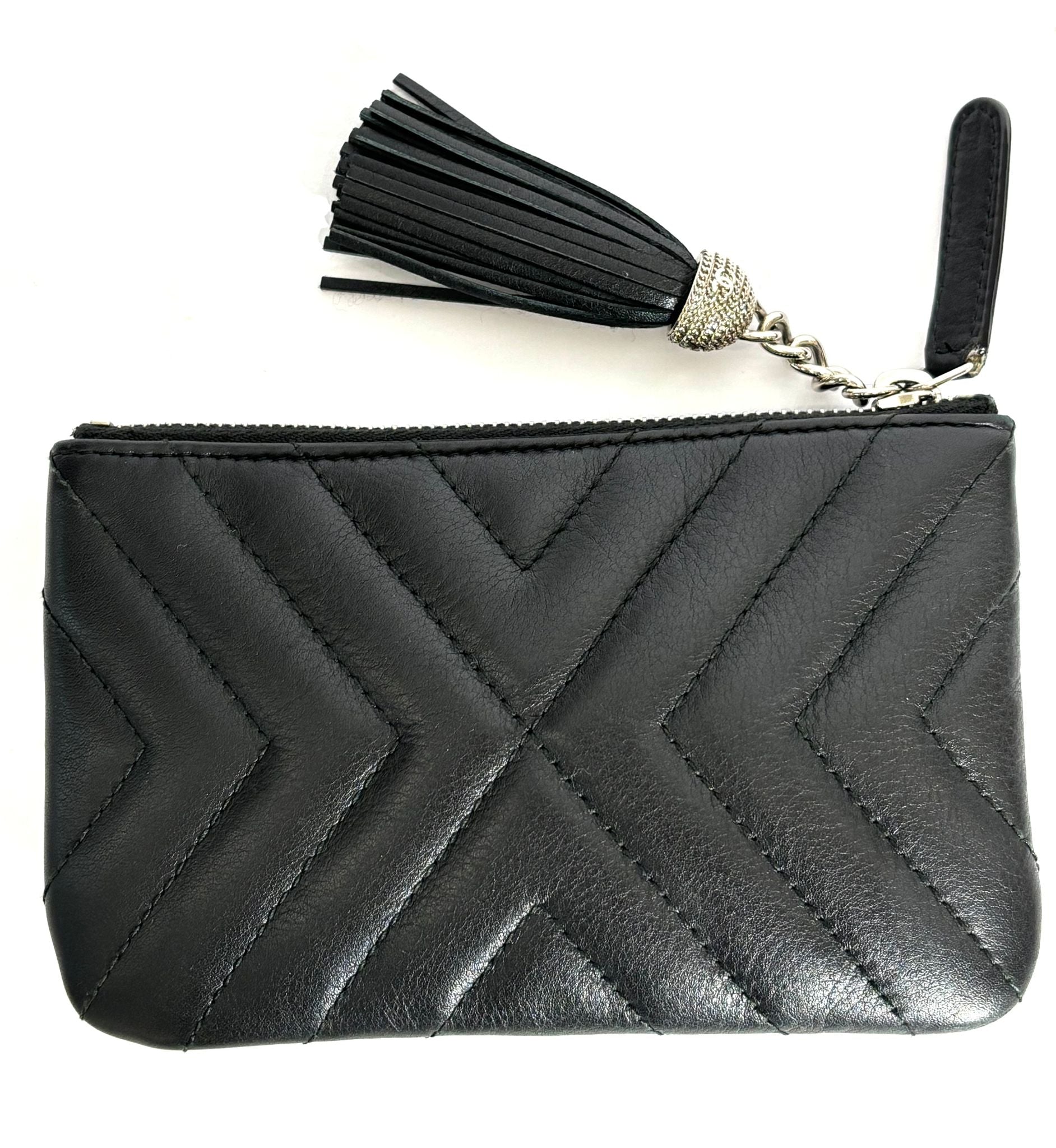 CHANEL LEATHER CHEVRON MINI TASSEL ZIP POUCH