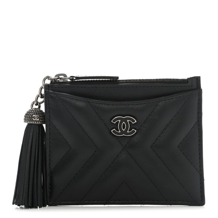 CHANEL LEATHER CHEVRON MINI TASSEL ZIP POUCH | Studio Nafay