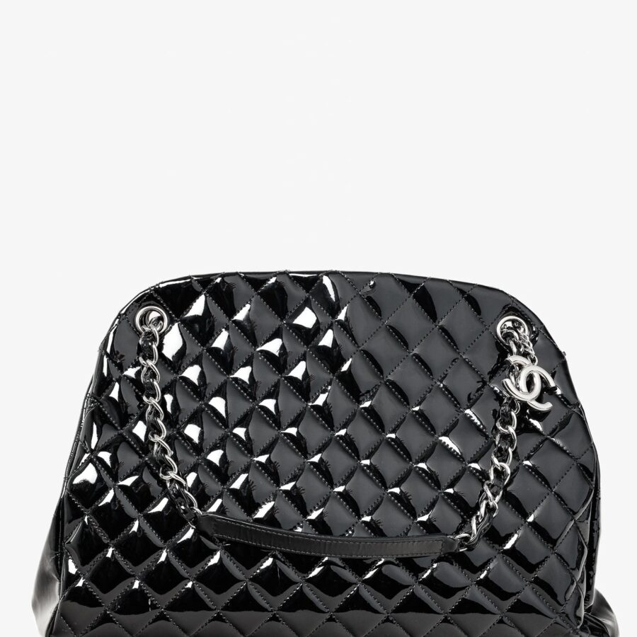 Chanel Just Mademoiselle Large Black Quilted Patent Leather Handbag | Studio Nafay