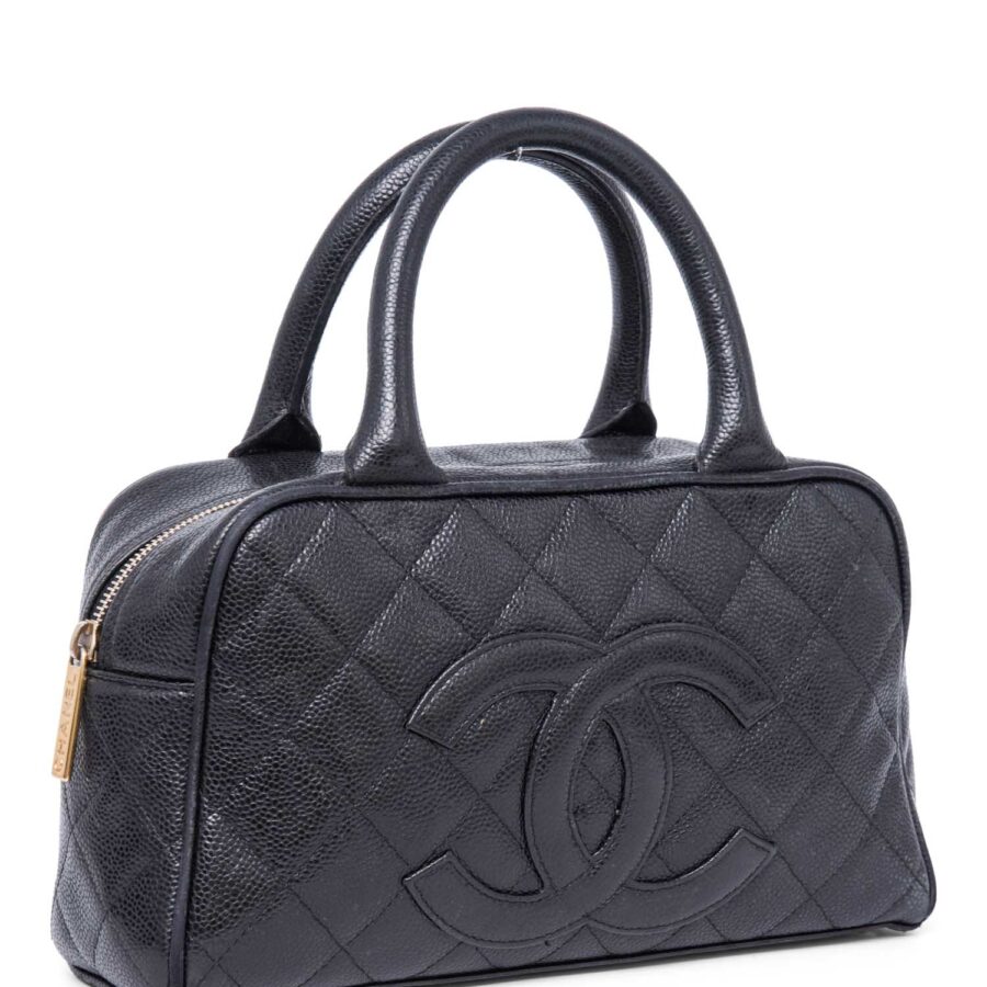 Chanel CC Logo Caviar Leather Mini Boston Bag Black | Studio Nafay